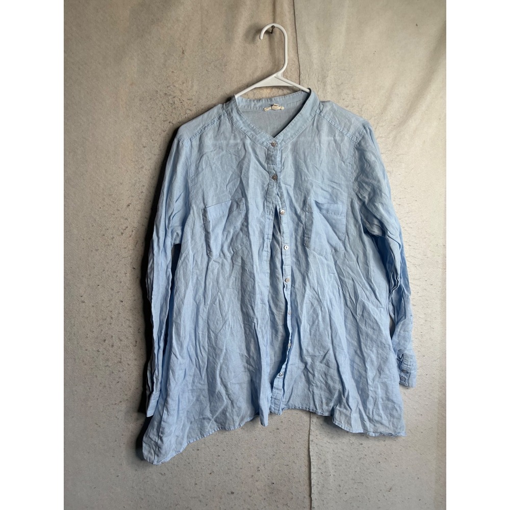 Eileen Fisher Light Blue 100% Organic Irish Linen Mandarin Collar Shirt Large